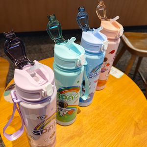 Children's Cartoon Astronaut Water Bottle Pop-Up Straw Portable Strap PC Plastic Cup For Students Gift - Product Image 3