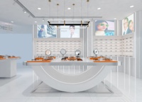 Support d'affichage optique blanc avec base incurvée, cadre métallique, présentoir de table pour lunettes, miroirs ronds, CE ETL pour magasin d'optique