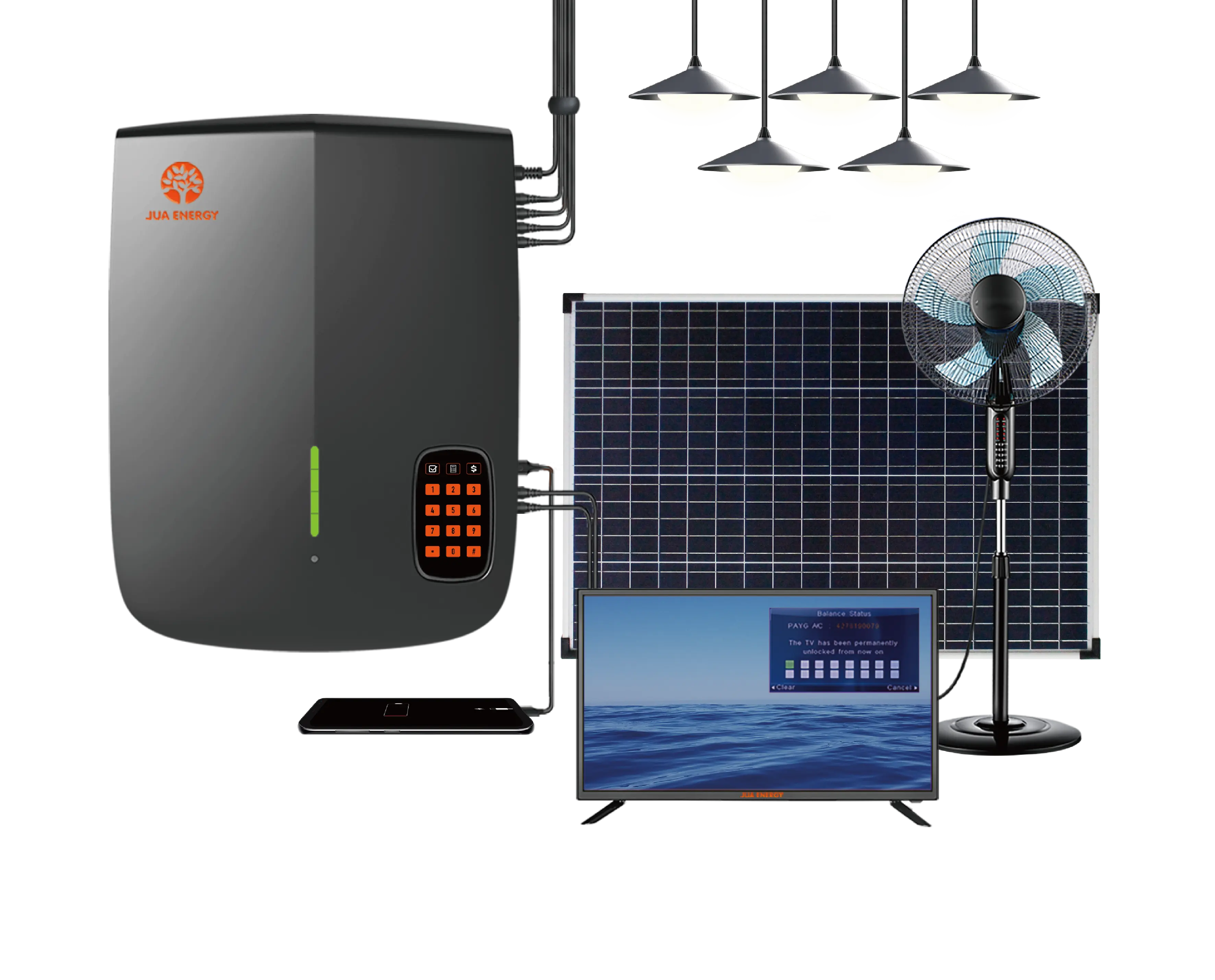 JUA Energy PAYG SHS 60W Solar LED TV 12V DC Pay As You Go House Solar Power System with 5 LED Lamps