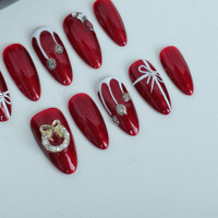 Uñas artificiales hechas a mano, estilo festivo rojo pintado a mano, uñas reutilizables de alta calidad.