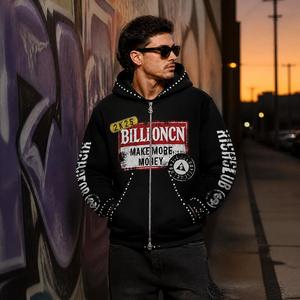 Men <b>Black</b> Zip-Up <b>Hoodie</b> with BILLIONCN Graphic Print Stud Embellishments Oversized Streetwear Fit - Product Image 1