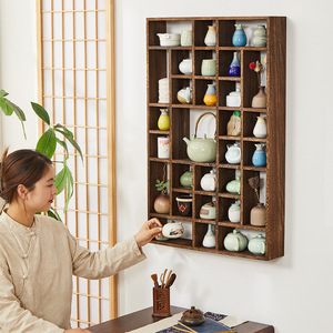 Estante de Pared de Madera Maciza Estilo Chino, Rectangular, Minimalista, Moderno, con Múltiples Compartimentos, para Teteras, para Sala de Estar - Product Image 3