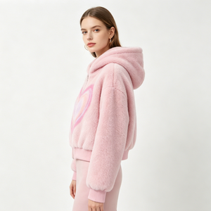 Women's Print Fuzzy Hoodies Wholesale Custom ODM Zip up Cropped Fleece Casual <strong>Hoodie</strong> Jackets - Product Image 2