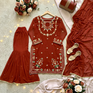Elegante Traje Sharara de Georgette Naranja con Bordado y Dupatta para Mujer, Ropa Tradicional India para Bodas, Largo hasta el Tobillo, Corte Regular - Product Image 1
