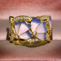 Bague papillon en émail, bleu et blanc, bijou de mariage plaqué or, avec colle