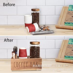 กล่องเก็บของไม้สำหรับร้านกาแฟ 18 ลิตร อเนกประสงค์ สำหรับจัดระเบียบบนโต๊ะ ใส่ฝาแก้ว หลอด ไม้คนกาแฟ และที่วางแก้วแบบใช้แล้วทิ้ง - Product Image 3