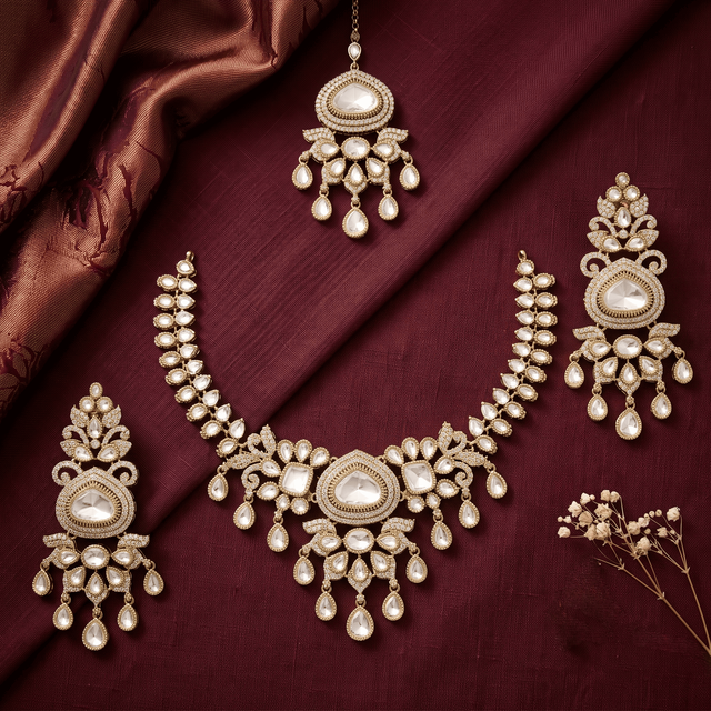 Kundan Moissanite Statement Necklace Set Matching Earrings Maang Tikka Brass Antique Gold Plated Indian Designer Ethnic Wedding