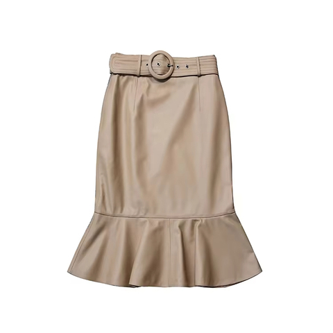 1317 Fashion Commuter Lady's Round High Waist Sheepskin Skirt Belt Genuine Leather Fishtail Skirt