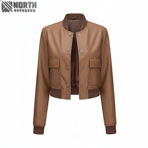 Chaqueta de cuero para mujer, chaquetas cortas de manga larga, chaquetas de invierno de cuero para mujer, botones con bolsillo, prendas de vestir de otoño e invierno personalizadas - Product Image 1