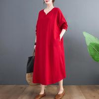 Taille libre couleur unie rouge décontracté automne hiver col en V Maxi broderie quantité minimale de commande bas lin coton robe dames à manches longues avec poches