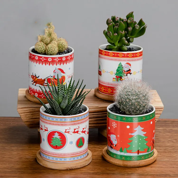 Tema natalizio personalizzato cilindro per interni fioriera rotonda vasi per piante in ceramica rossa con foro di drenaggio