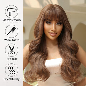 Precio al por mayor de fábrica Pelucas rizadas largas marrones castañas sintéticas con flequillo para mujeres negras <span class=keywords><strong>Peluca</strong></span> de aspecto natural ondulado - Product Image 5