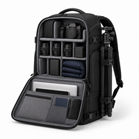 Grand sac à dos pour appareil photo noir, sac de photographie DSLR avec compartiment inférieur pour équipement, poche latérale à cordon de serrage, ceinture de taille