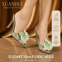 Xuanhui Plus Size 35-43 Sepatu Hak Tinggi Wanita Model Mules Fashion dengan Hiasan Bunga 3D di Bagian Atas, Hak Stiletto 10cm, Sandal Musim Panas Seksi