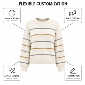 Pull en maille côtelée à rayures horizontales fines, <span class=keywords><strong>col</strong></span> rond, manches longues, épaules tombantes, personnalisé OEM pour <span class=keywords><strong>femme</strong></span>, vente en gros - Product Image 1