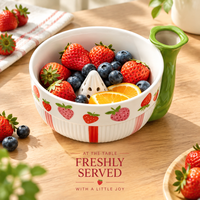 Bol de service en céramique avec poignée, motif fraise, pour salade de fruits, céréales, soupe, pour la maison, la cuisine, la vente au détail, OEM personnalisé