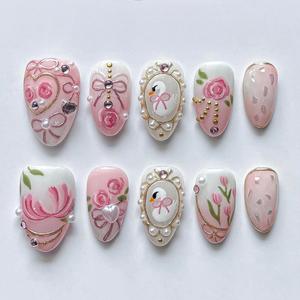 <span class=keywords><strong>Uñas</strong></span> Postizas Betifnail Nuevas Hechas a Mano Reutilizables Estilo Francés Acrílico Princesa Dulce y Lindo Para Presionar Removibles Formas Almendra y Ataúd - Product Image 3
