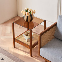 Mesa de Centro de Madera Maciza con Diseño de Mimbre Tejido y Múltiples Cajones de Almacenamiento