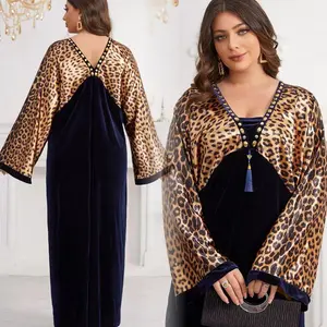 2024 yeni dubai kaftan kadın orta doğu  uzun müslüman elbisesi büyük boy elbise v yaka leopar baskı moda elbise robe femme