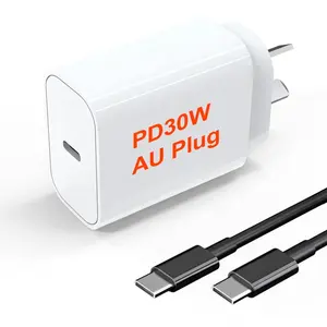 PD30W pengisi daya dinding USB C dengan kabel C-C aksesori telepon adaptor pengisi daya steker SAA AU TYPE-C sistem pengenalan pintar Universal