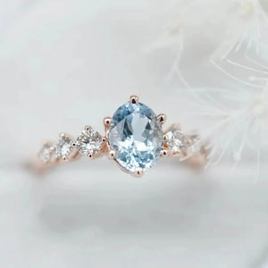 Bague de fiançailles délicate et fantastique en argent sterling S925 plaqué or rose, avec oxyde de zirconium rond et ovale, et aquamarine bleue, style grappe, bagues fines - Product Image 3