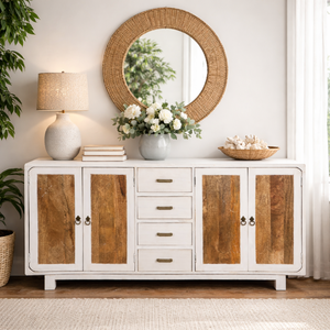 Modern Solid Wood Sideboard <b>Cabinet</b> with <b>Storage</b> Drawers & Doors <b>White</b> & Natural Mango Wood Buffet <b>Cabinet</b> Living Dining Room - Product Image 1