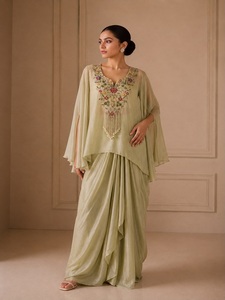 Luxury Silk <b>Kaftan</b> and Draped Skirt with Sleeveless Blouse Hand Embroidery Stitched Elegant Outfit for Women Wedding Festive - Product Image 1