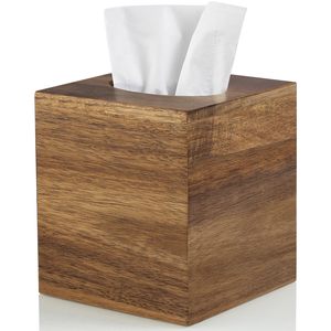 Cubierta de caja de pañuelos cuadrada-Soporte de caja de pañuelos de madera de acacia para mesas de noche Baño Oficina-Tejido de cubo facial decorativo - Product Image 1