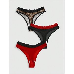FOXA Paquete de 3 tangas para mujer con estampado de leopardo, ribete de encaje, cintura baja, sin costuras, bragas con lazo, ropa interior - Product Image 2