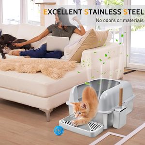 Boîte de <span class=keywords><strong>toilette</strong></span> <span class=keywords><strong>pour</strong></span> chat en acier inoxydable de grande taille semi-fermée et antidérapante avec couvercle haut et <span class=keywords><strong>marchepied</strong></span> et pelle vente en gros - Product Image 6