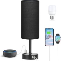 Lampe de chevet pour chambre à coucher - 3 niveaux de luminosité réglables par toucher, ports de charge USB C et prise secteur, base en bois, abat-jour rond en tissu lin