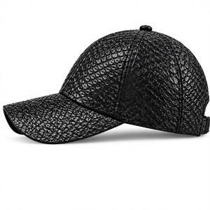 Luxury Black Leather Baseball Style 6-Panel Breathable <b>Waterproof</b> <b>Cap</b> High Quality Adjustable Metal Buckle Strap for Men Women - Product Image 3
