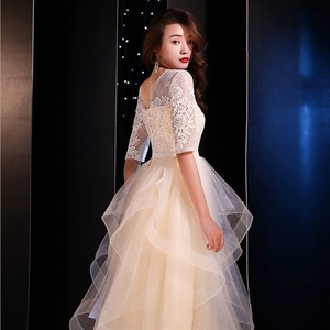 Women's Evening Gown Champagne Color Long Dress High Neck Empire Waist Asymmetric Wedding Party Hostess Dress - Product Image 4