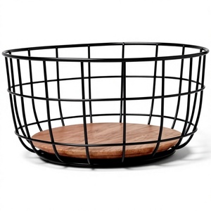 <b>Wire</b> <b>Grid</b> Fruit Basket Bowl with Wooden Base Wholesale Factory Direct OEM ODM Heavy Duty Iron <b>Wire</b> Mesh Storage Basket - Product Image 1