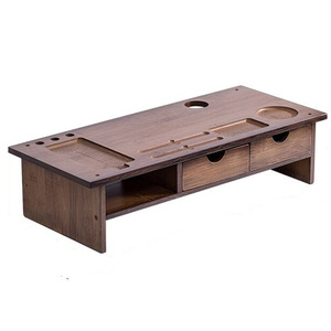 Computer Monitor Riser Stand Double Drawer Walnut Wood <b>Desktop</b> Storage Organizer Office Desk <b>Shelf</b> Rectangle Standing Type - Product Image 5