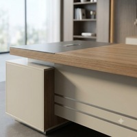 Bureau de direction moderne avec plateau en bois, armoire latérale et chaise en cuir pour PDG, directeur, mobilier de bureau commercial