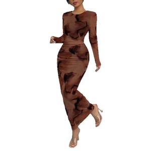 Elegante Abito Aderente con Collo Tondo in Rete, Motivo Tie-Dye Sfumato, Maniche Lunghe Vintage per Donna - Product Image 5