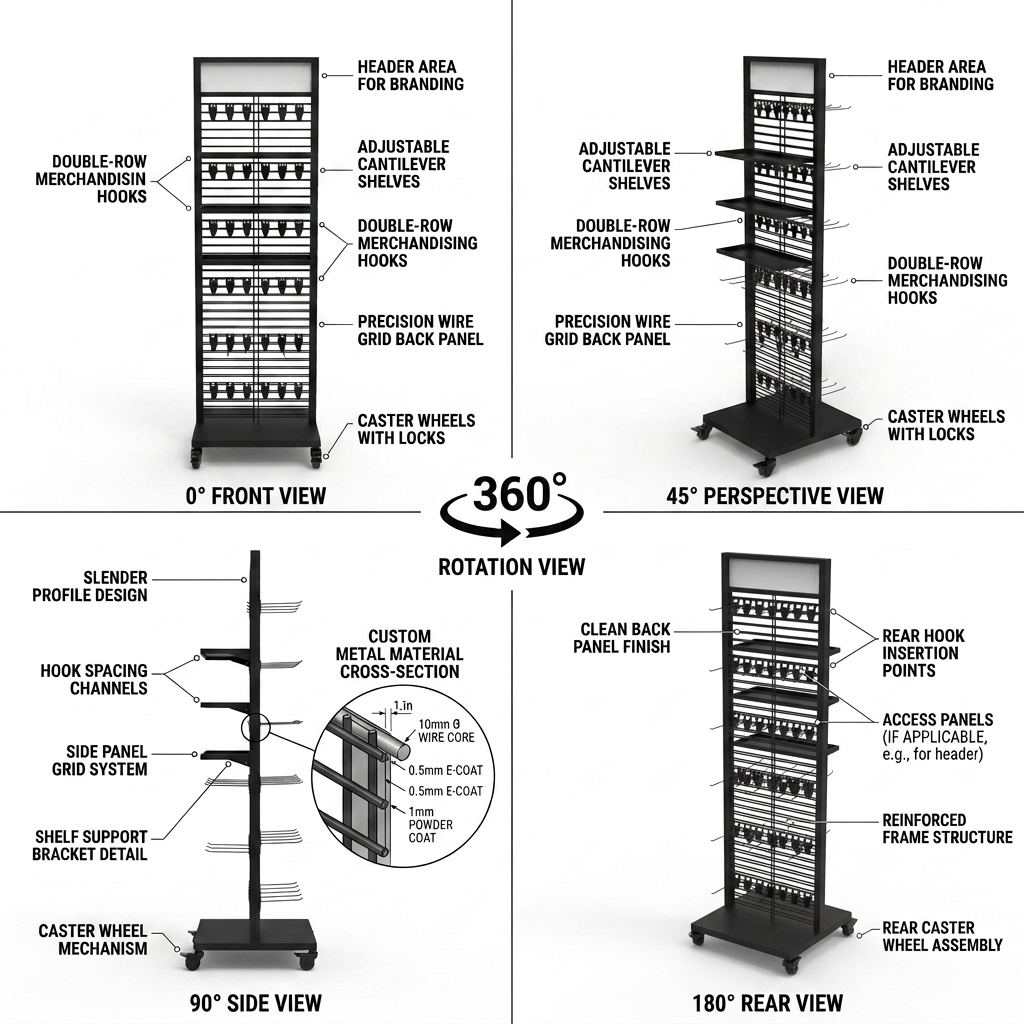 Movable Floor Standing Metal Wire Display Stand with Header Hooks Wheels Customizable Retail Shop Supermarket Merchandise Rack — view 3
