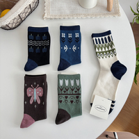 Chaussettes en coton pour femmes, motif floral rétro, papillon, géométrique, mi-mollet, douces, extensibles, pour usage quotidien, vente en gros