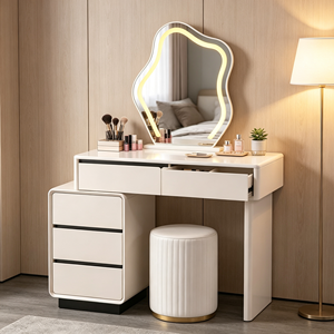 Coiffeuse moderne blanche avec miroir LED, meuble de rangement et tabouret pour chambre à coucher - Product Image 1