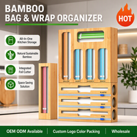 Organisateur de sacs Ziploc et de film alimentaire en bambou de qualité supérieure avec coupe-film ; Rangement tout-en-un pour tiroir de cuisine pour film alimentaire et papier d'aluminium