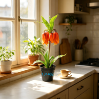Bunga Fritillaria Lily Merah Oranye Cerah Buatan dalam Pot Plastik Hitam, Bunga Palsu untuk Dekorasi Perapian dan Mantel