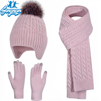 Conjunto de Gorro, Guantes y Bufanda de Invierno para Niños, Gorro con Orejeras, Bonito Gorro de Punto con Pompones para Niñas, Bebés y Niños Pequeños, Color Rosa, Cálido, 100% Algodón, Juego de 3 Piezas