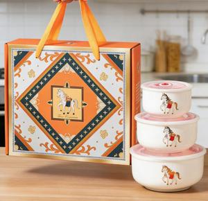 Bol en céramique pour la conservation des aliments, ensemble de trois bols scellés avec couvercles, coffret cadeau, cadeau pratique pour événement, vente en gros - Product Image 4