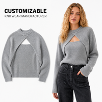 Nouvelle Collection Automne/Hiver : Ensemble Deux Pièces Chic Coréen – Pull Châle à Manches Longues Style Français et Camisole Tricotée Unie Longueur Genou