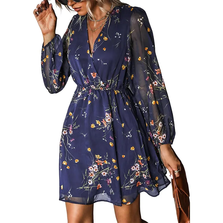 2024 Women's Summer Fashion Simple Elegant Casual Floral Print Chiffon Fabric A-Line Mini Dress Women Long Sleeves Beach Dress