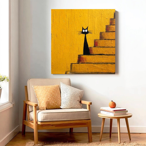 Stile Minimalista, Dipinto a Olio <span class=keywords><strong>di</strong></span> un Gatto Nero che Si Trova sulle Scale, Opera d'Arte Animale Disegnata a Mano Perfetta per Decorazione Murale - Product Image 3