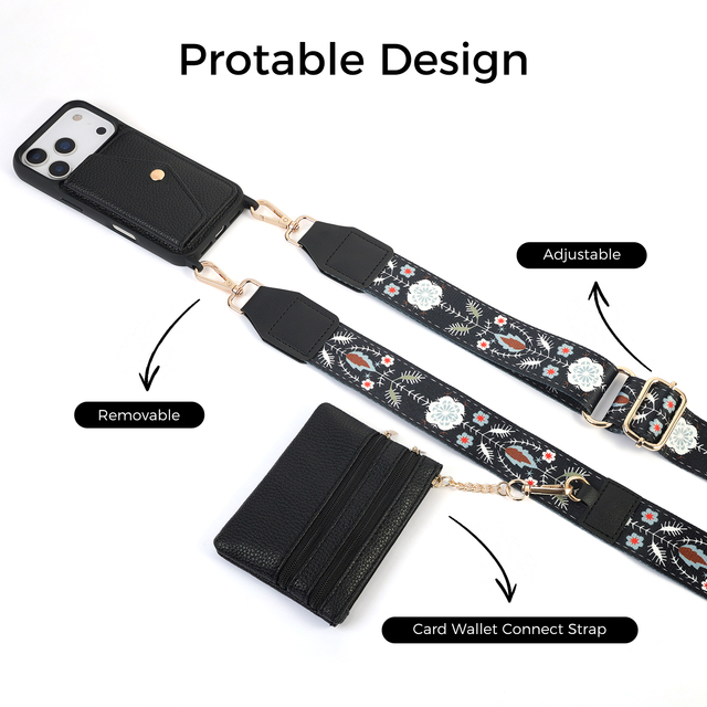 Custom Crossbody Wallet Phone Case for Apple iPhone 17 Pro Max Luxury Leather Button Card Slot Zipper Purse Cover with Lanyard