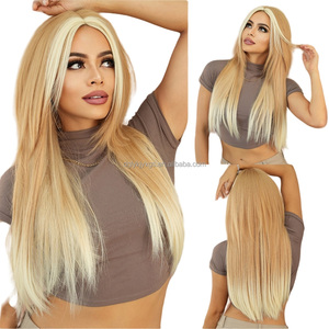 WH24 parrucca da <span class=keywords><strong>donna</strong></span> lunga e dritta parte centrale bionda con Highlight a strati aspetto naturale capelli sintetici realistici - Product Image 3