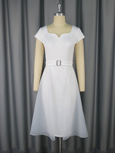 AM050323 collo quadrato manica corta Organza semplice tubino bianco abiti da sposa <span class=keywords><strong>Midi</strong></span> con cintura - Product Image 4